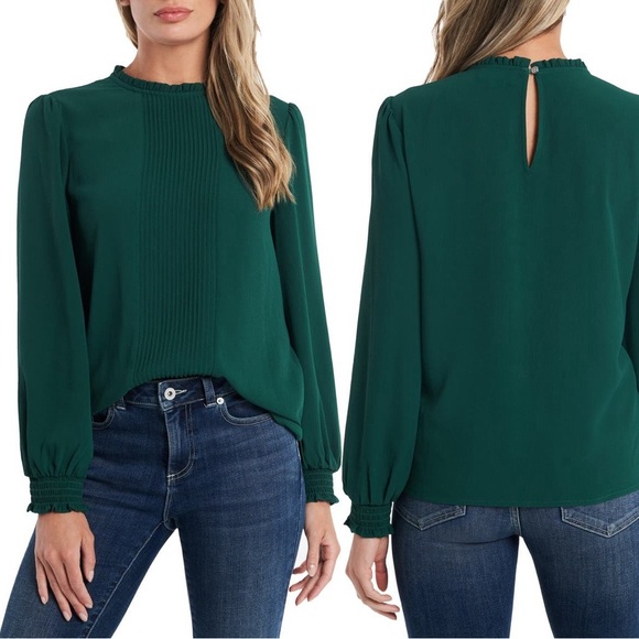 CeCe Pintucked Smocked Cuff Chiffon Top in Alpine Green Size Medium - Picture 5 of 5